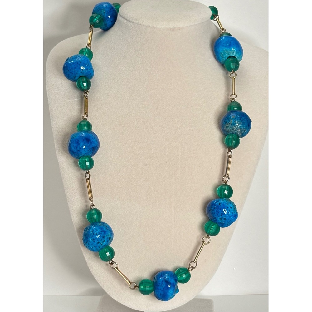 Vintage Glazed Ceramic Donkey Beads & Green Faceted Clear Acrylic Beads